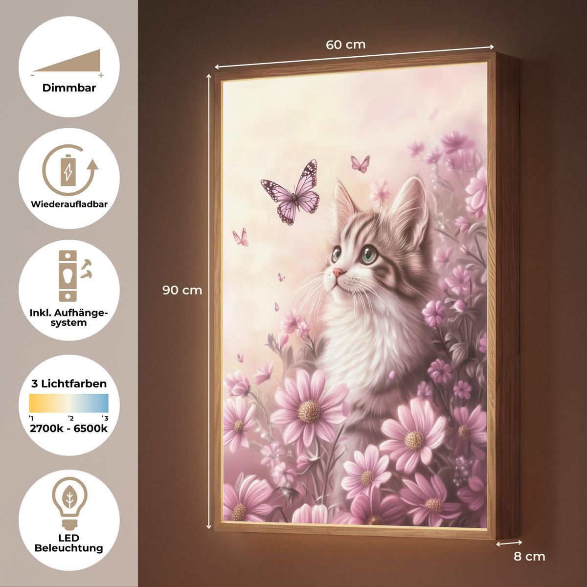 WANDLEUCHTE MIT AKKU Kätzchen - Blumen - Schmetterlinge - Lila 60x90 cm - Altrosa, Holzwerkstoff (60/90/8cm) - OnlyWow