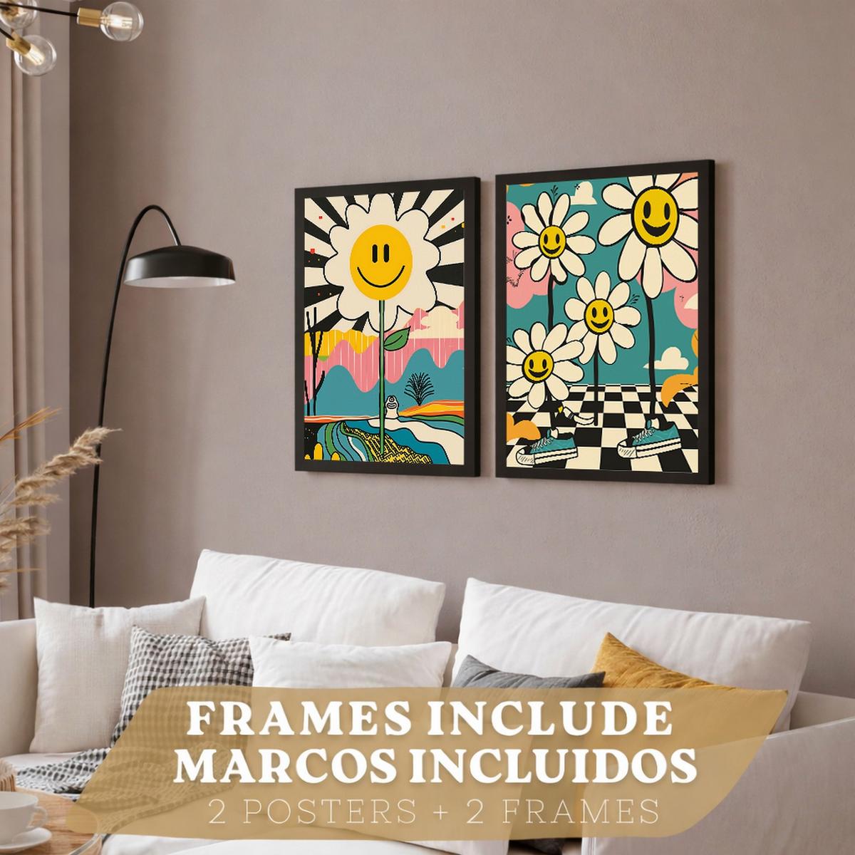 POSTER 4er Kunstdruck-Set Wandbilder Smiley Blume modern Wohnzimmer Deko, Schlafzimmer, Küche, Badezimmer Schwarzer Rahmen A3 - Schwarz, Papier (29.7/1/42cm) - Nacnic