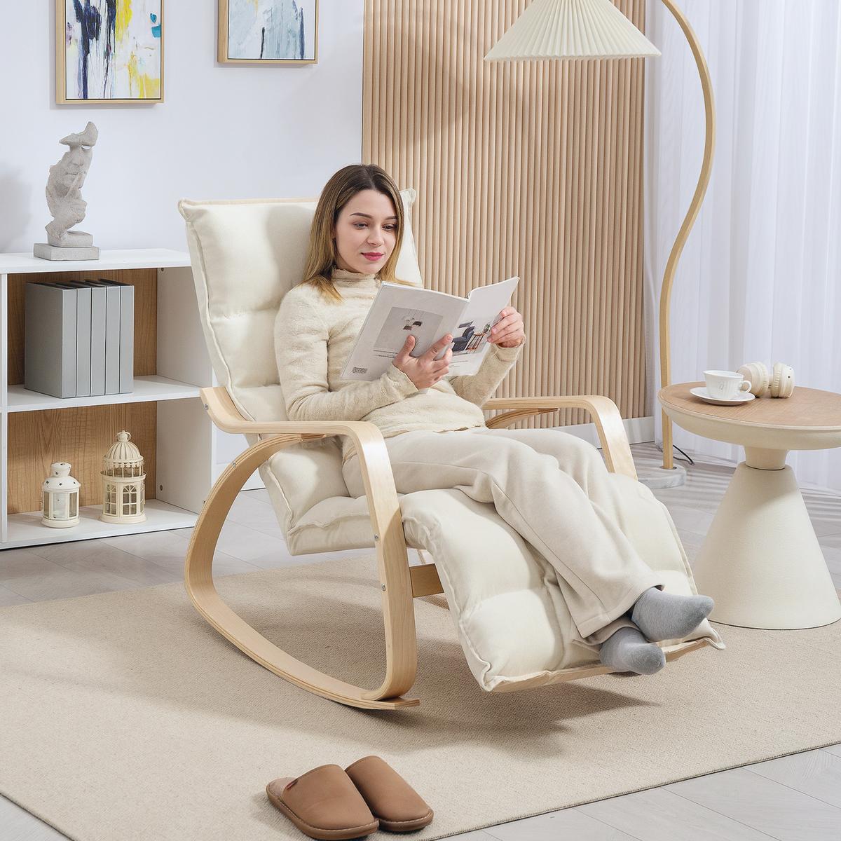SCHAUKELSTUHL Schaukelsessel mit Rückenlehne, Fußstütze für Wohnzimmer Cremeweiß - Weiß, Kunststoff (67/92/106cm) - HOMCOM