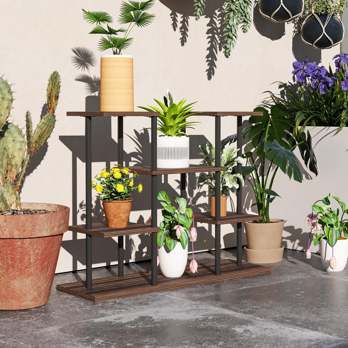 BLUMENSTÄNDER Stahl Tannenholz Verkohlt - Dunkelbraun, Metall (24/61.5/80cm) - Outsunny