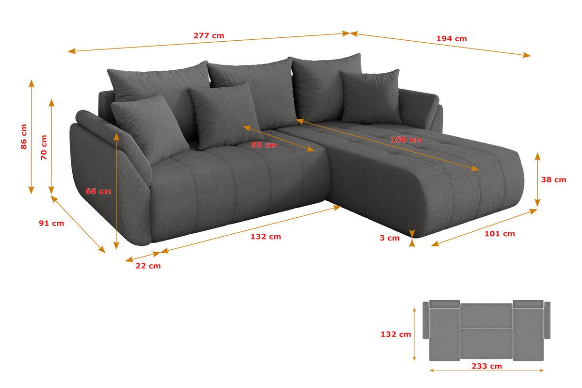 ECKSOFA mit Schlaffunktion Ottomane Rechts TOKO-L 277x194x86 Grau Bouclé - Schieferfarben/Schwarz, Holzwerkstoff/Kunststoff (277/194cm) - ALTDECOR