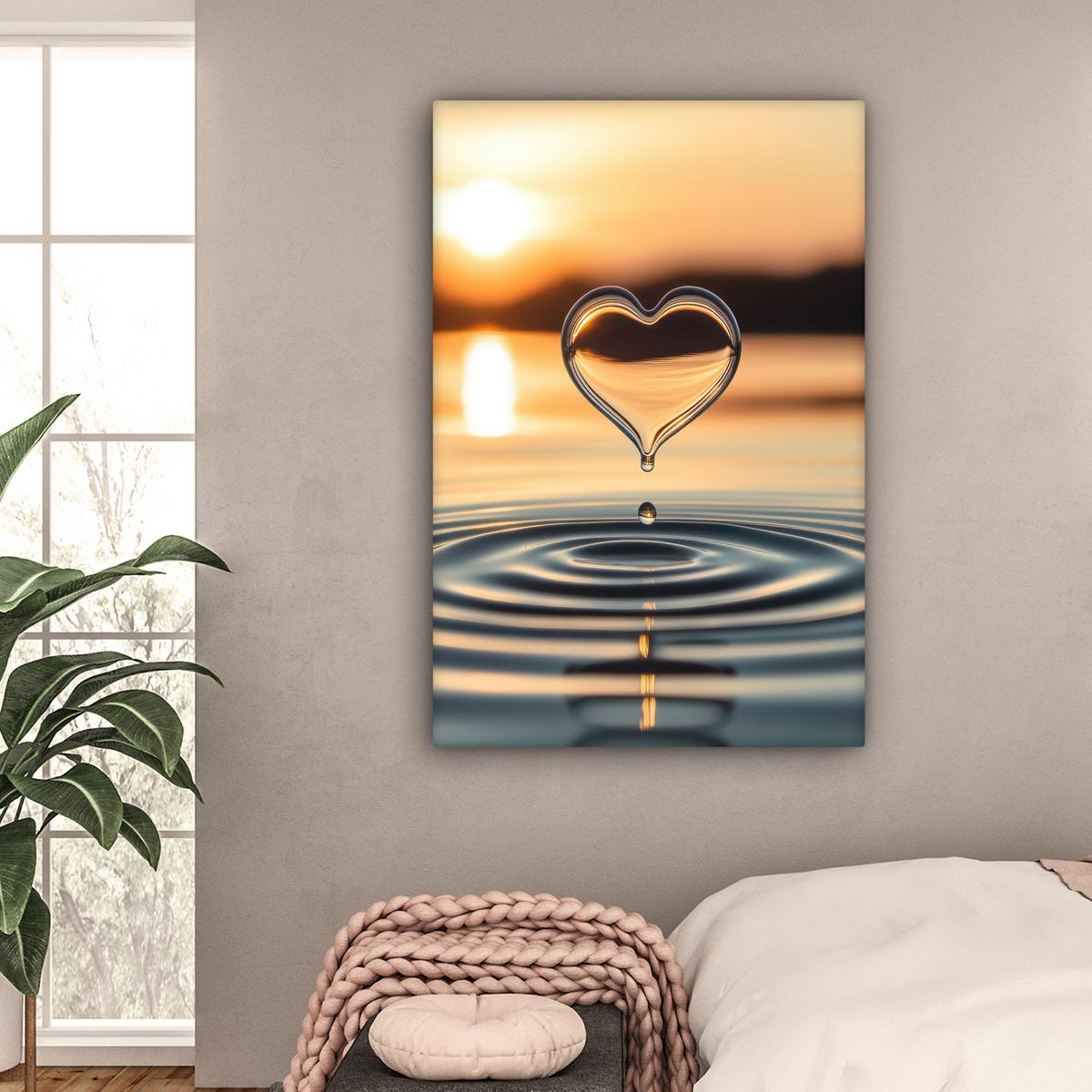 LEINWANDBILD Herz - Wasser - Sonnenuntergang - Natur - Zen Deko XXL 80x120 cm - Bernsteinfarben, Textil (80/120cm) - MuchoWow