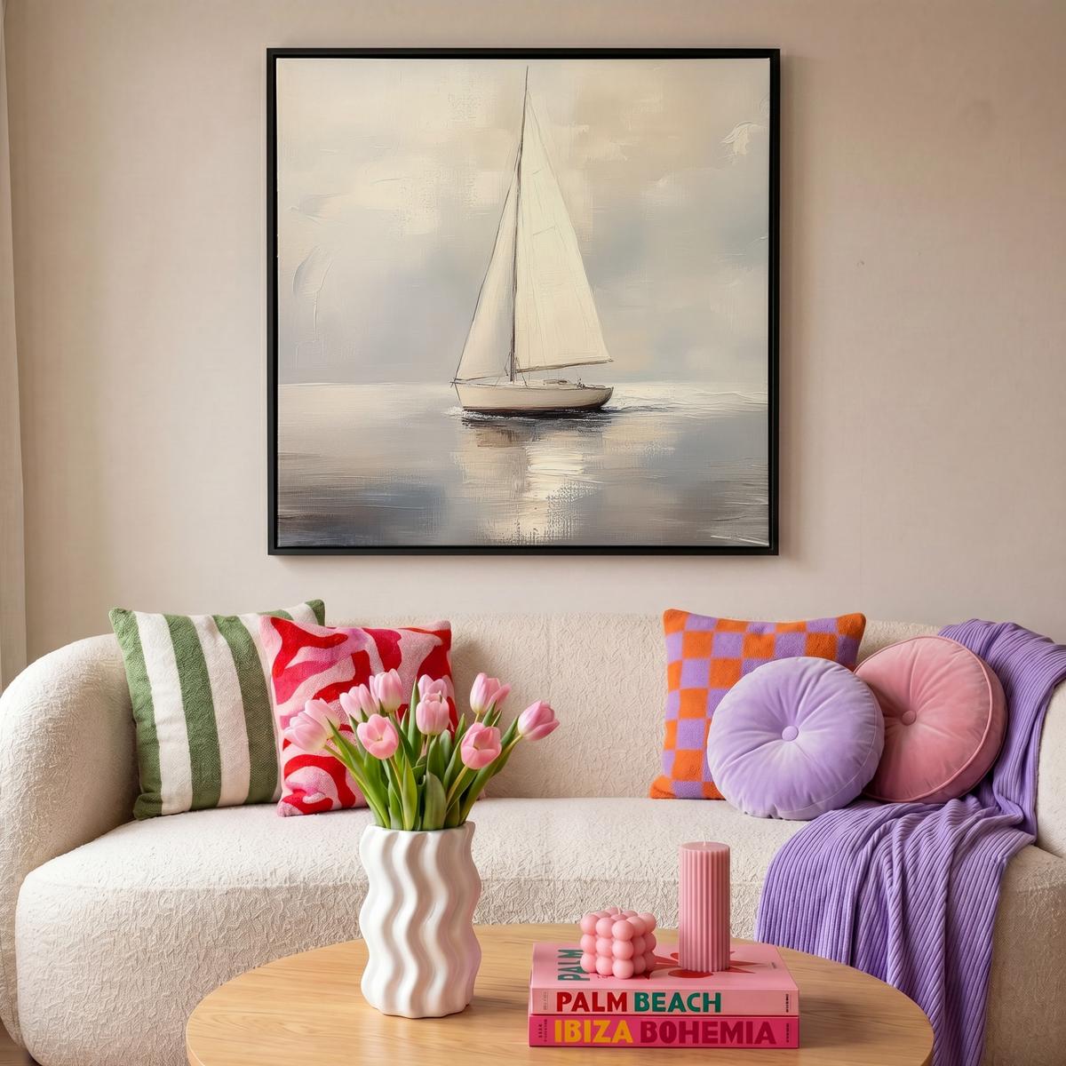 LEINWAND Bilder mit Rahmen - Segelschiff - Meer - Bewölkt - 90x90 - Creme, Textil (90/90cm) - MuchoWow