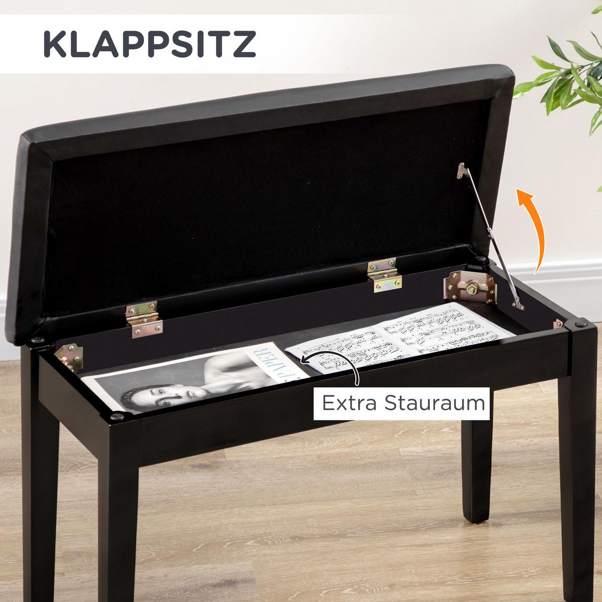 KLAVIERBANK Klavierhocker mit versteckten Stauraum, bis 150 KG Belastbar Schwarz - Schwarz, Holz (35/49/75cm) - HOMCOM