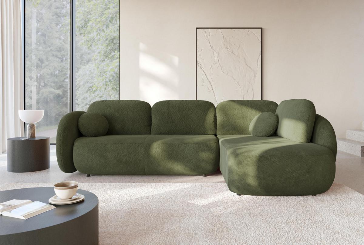 ECKSOFA AMICO II R-S Grün Geflochtener Stoff mit Schlaffunktion - Grün, Holz (289/190cm) - MASSENO