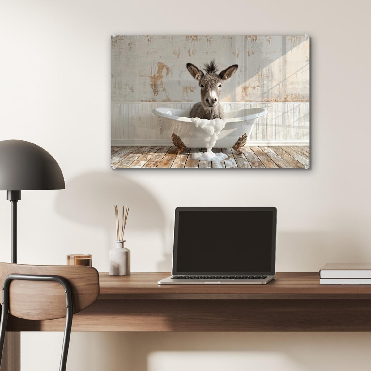 ACRYLGLASBILD Esel - Tiere - Badewanne - Schaumstoff Wanddeko 60x40 cm - Weiß, Glas (60/40cm) - MuchoWow
