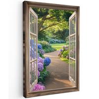 LEINWANDBILD Aussicht - Garten - Fenster - Hortensie - Blumen Wanddeko 40x60 cm - Pastellblau, Textil (40/60cm) - MuchoWow