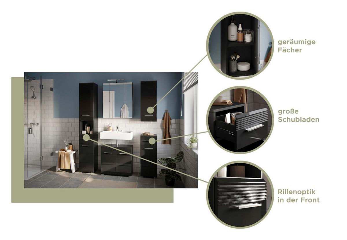 WASCHBECKENUNTERSCHRANK schwarz Hochglanz 60 cm, Badezimmer Unterschrank mit Stauraum - Schwarz Hochglanz/Silberfarben, Holzwerkstoff/Kunststoff (60/56/34cm) - Inn.Furn