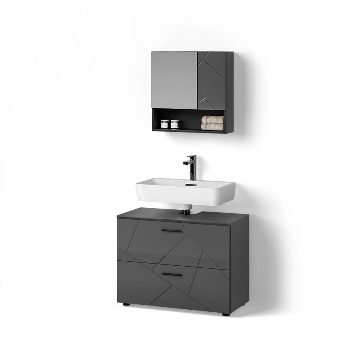 BADMÖBEL-SET Ronco Anthrazit Hochglanz 2 Teile - Schwarz Hochglanz, Holzwerkstoff (80/58/41cm) - Livinity®