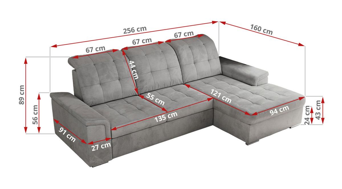 ECKSOFA MADRITO L - Hellgrau Velorus - Rechts - Silberfarben/Hellgrau, Textil/Metall (256/160cm)