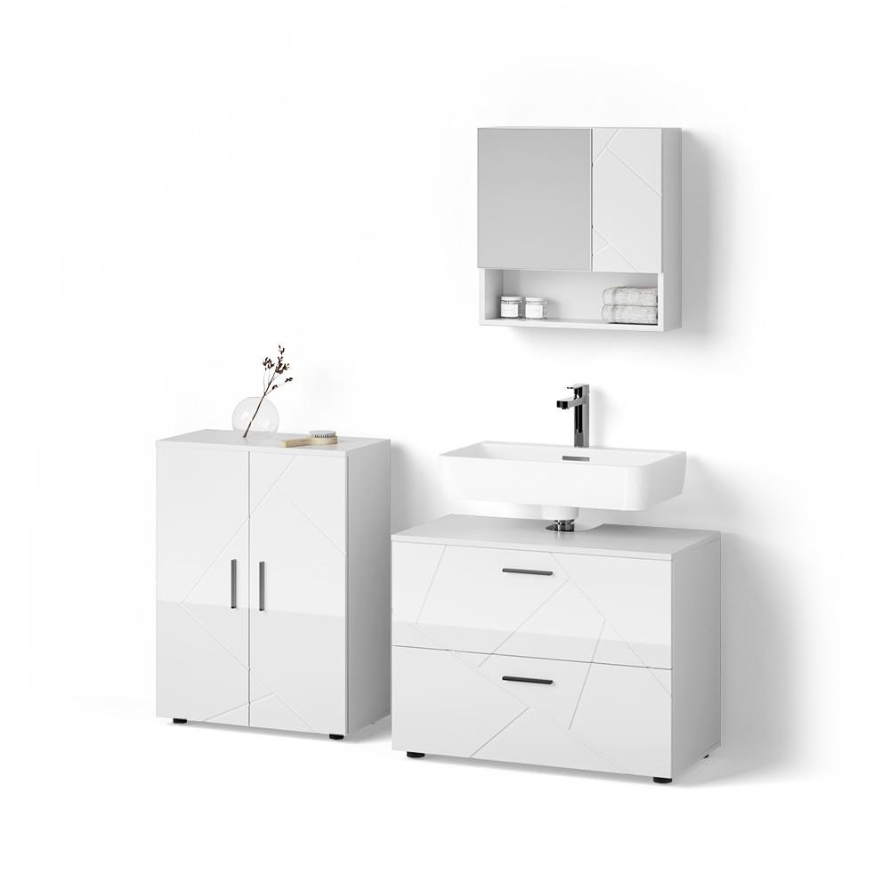 BADMÖBEL-SET Ronco Weiß Hochglanz 3 Teile, mit Unterschrank 80 cm - Weiß Hochglanz, Holzwerkstoff (80/58/41cm) - Livinity®