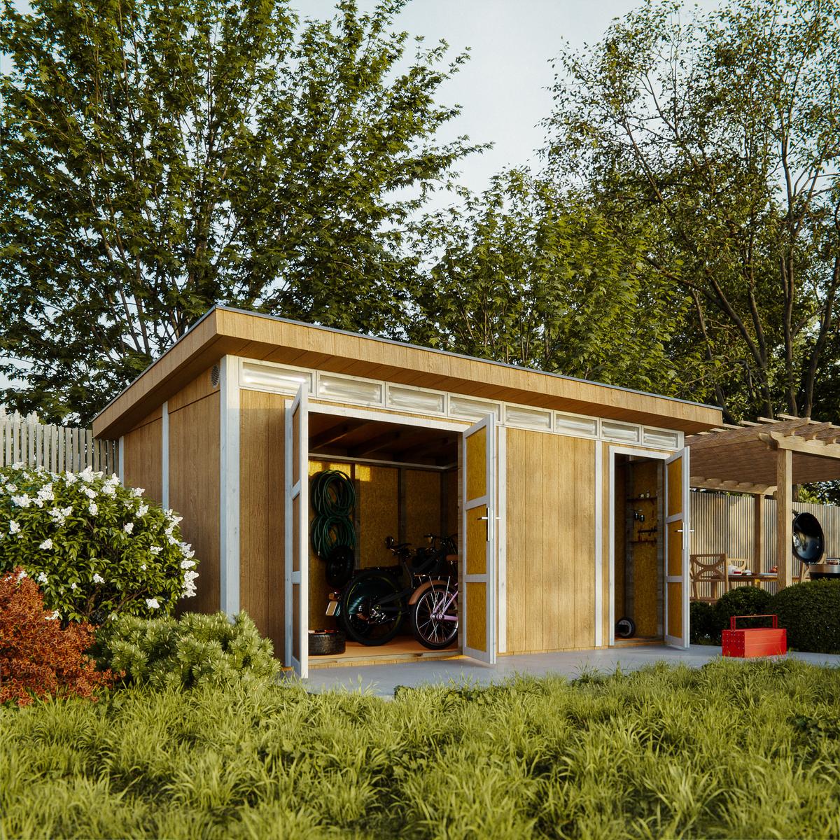HOLZ-GARTENHAUS Basis LP SmartSide 8.52 + 2.95 m² mit B530xL279xH237 cm - M905C - HARVEST HONEY - Beige, Holz (530/237/279cm) - Timbela