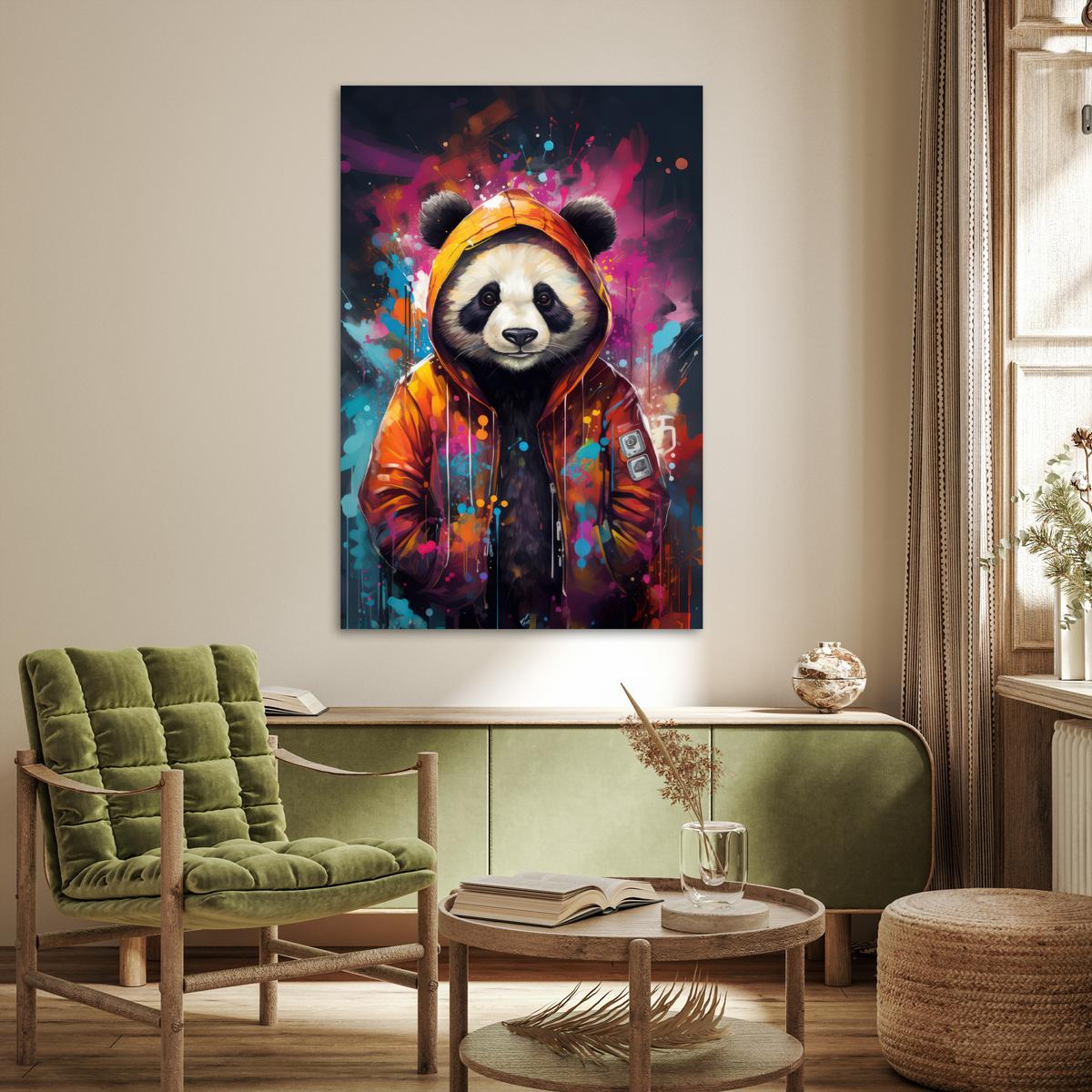 POSTER Panda - Jacke - Graffiti - Orange Wandbild Schlafzimmer 80x120 cm - Orange, Papier (80/120/0.1cm) - MuchoWow
