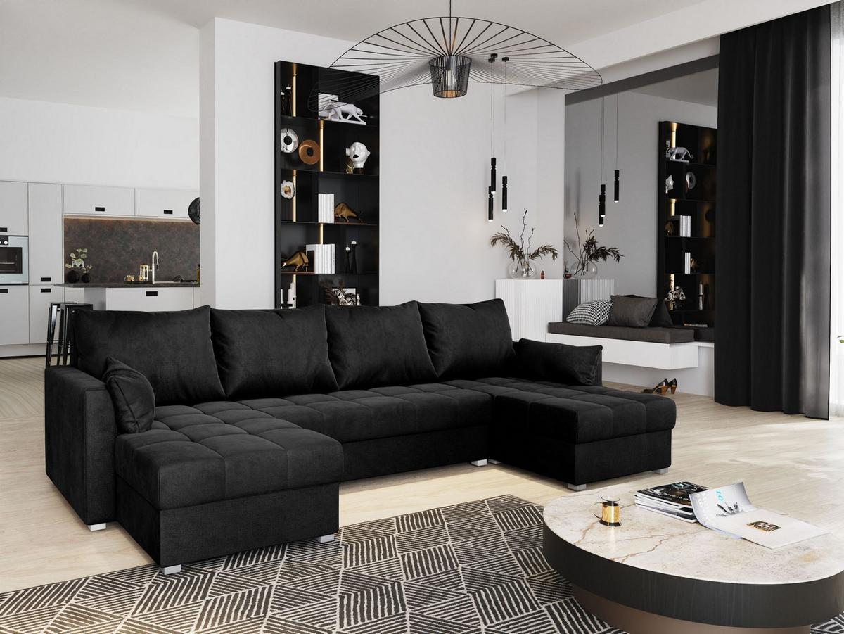 WOHNLANDSCHAFT NAKO M Schwarz Velours-Stoff mit Schlaffunktion - Schwarz/Grau, Holz/Kunststoff (285/85/140cm) - MASSENO