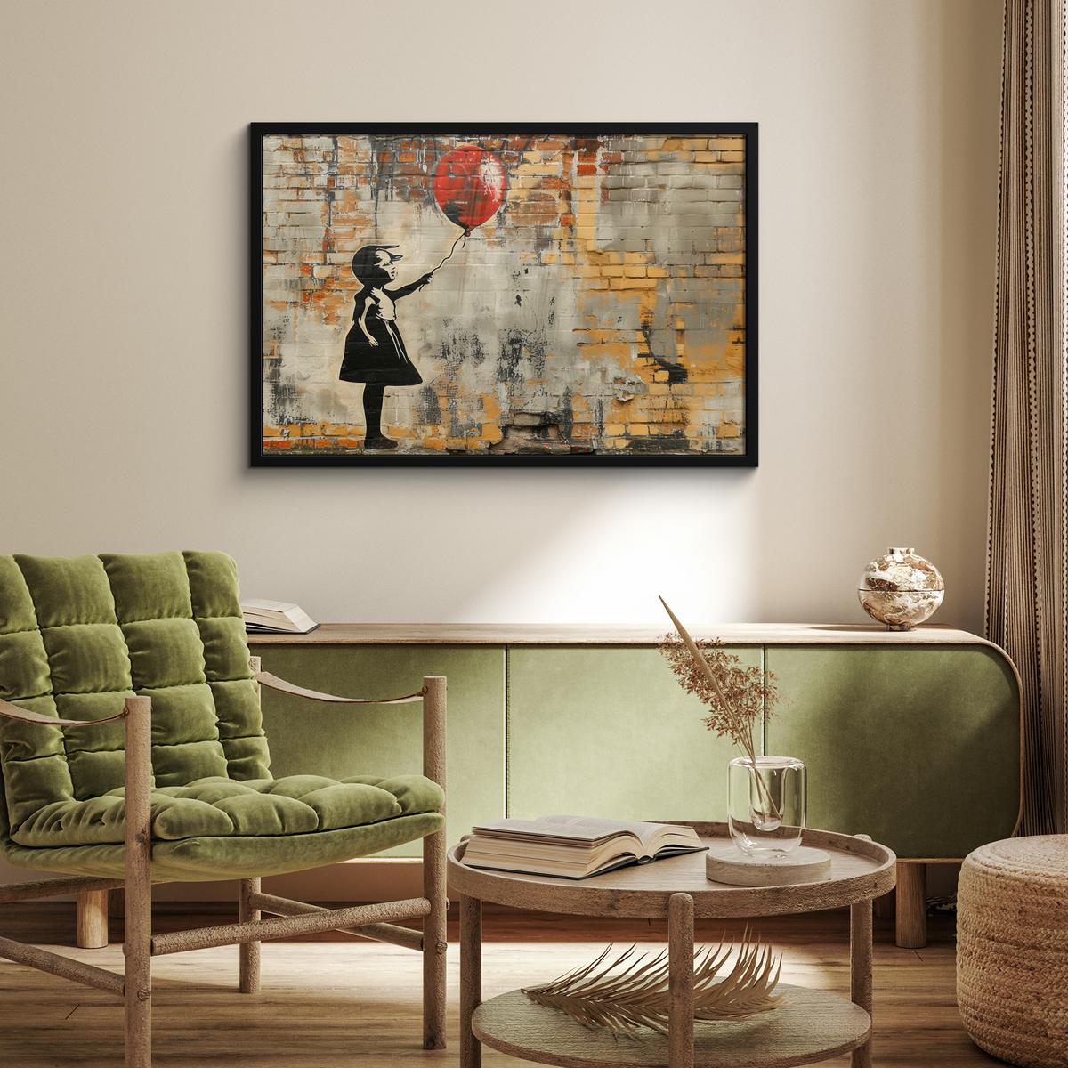 POSTER MIT RAHMENGERAHMTES BILD Graffiti - Banksy - Mädchen - Straßenkunst 90x60 cm - Sandfarben, Papier (90/60cm) - MuchoWow