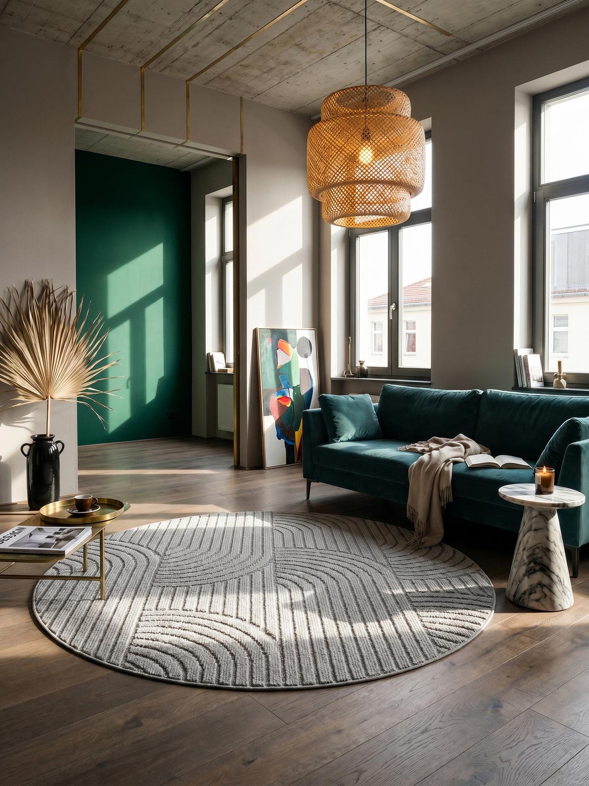 TEPPICH Flachgewebe LANGAU in Silber, mit geometrischen Bögen, Ø 200 cm - Silberfarben, Textil (200/200cm) - KADIMA DESIGN