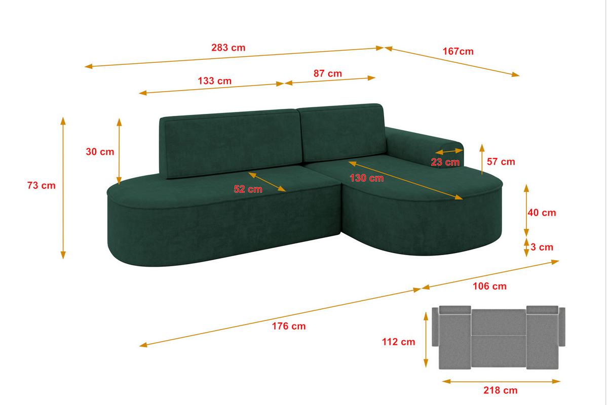 ECKSOFA mit Schlaffunktion und Bettkasten Ottomane Rechts MARI-L1-S - 283x167x73 cm Grün Velours - Waldgrün/Schwarz, Holzwerkstoff/Kunststoff (167/283cm) - ALTDECOR