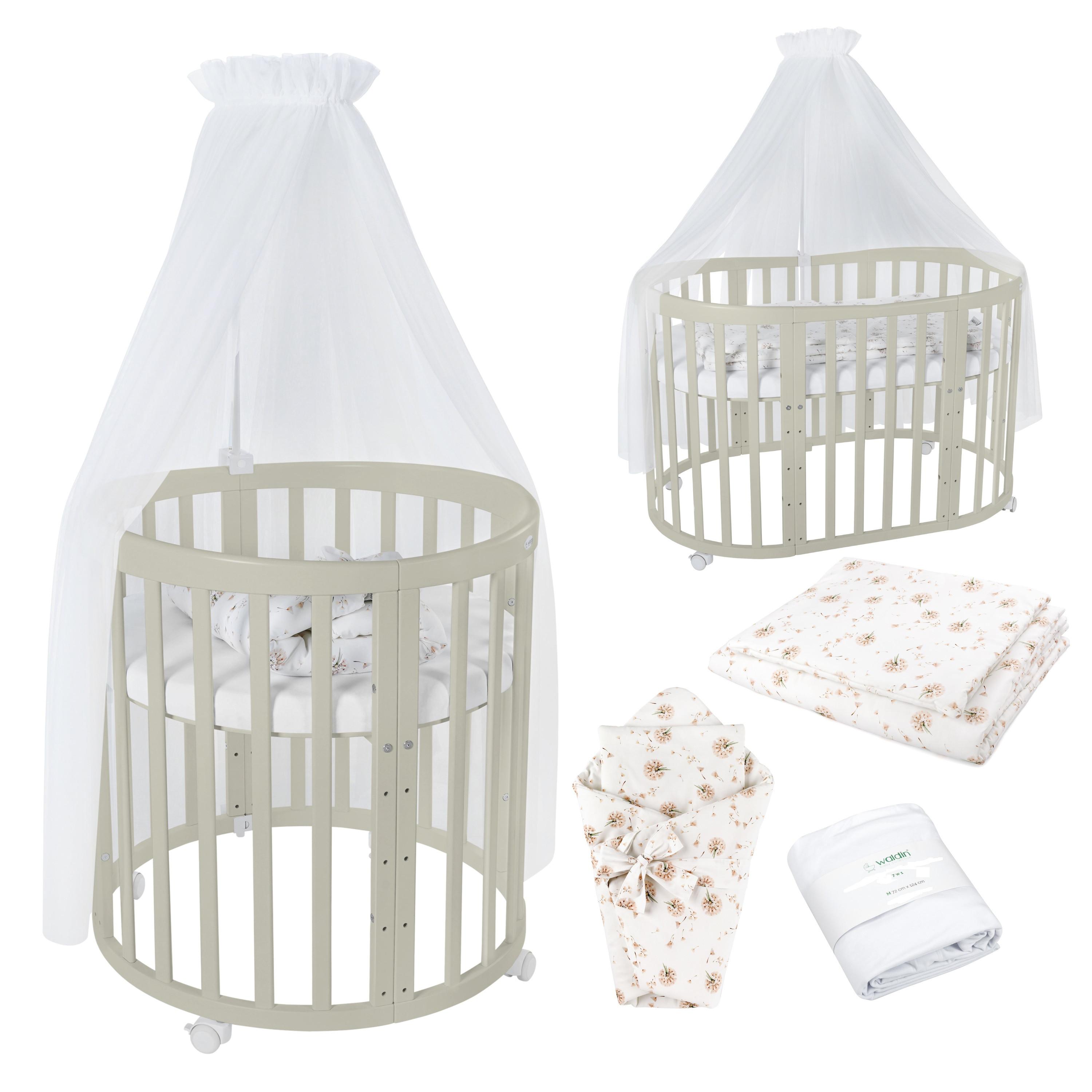 BABYBETT OLIVE OVAL 7in1 mit Matratze und Himmelset - Olivgrün/Weiß, Holz/Textil (73/125cm) - waldin