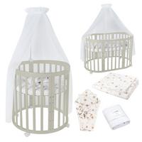 BABYBETT OLIVE OVAL 7in1 mit Matratze und Himmelset - Olivgrün/Weiß, Holz/Textil (73/125cm) - waldin