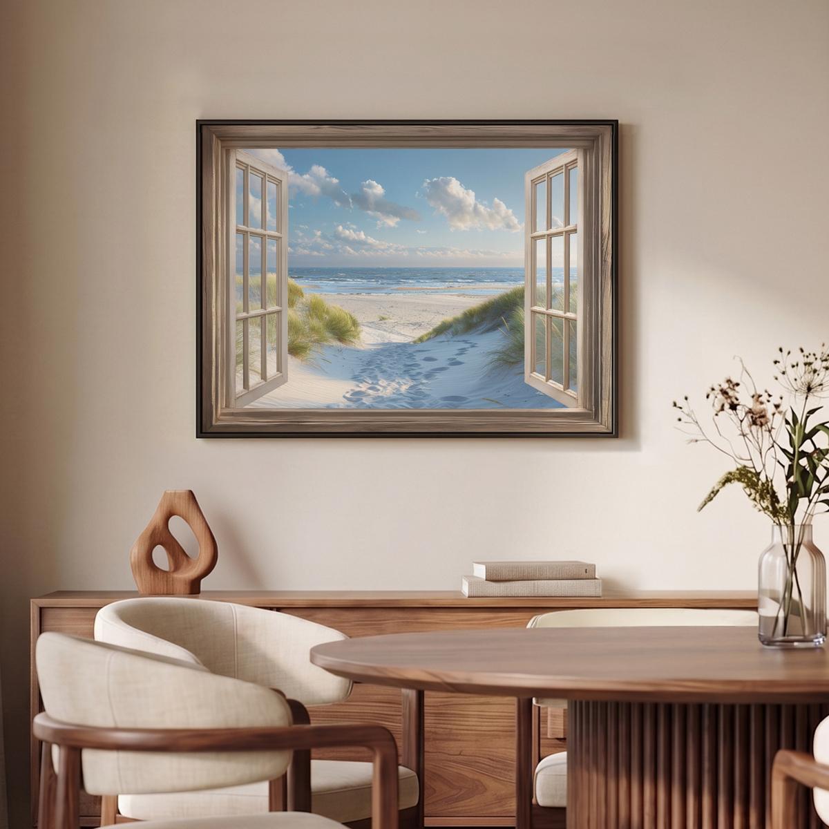 LEINWAND Bilder mit Rahmen - Aussicht - Strand - Fenster - Dünen - Meer - 80x60 - Hellblau, Textil (80/60cm) - MuchoWow