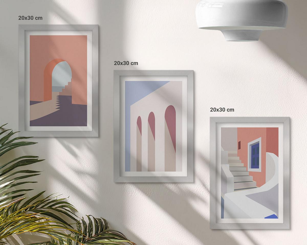 BILDER SET 3er Set - 20x30 cm Silberner Rahmen - Minimalistische Architekturillustrationen - Silberfarben, Kunststoff (20/30cm) - TULUP