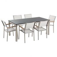 GARTENMÖBEL SET 6-Sitzer Naturstein schwarz geflammt Textilbespannung weiß Grosseto - Silberfarben/Weiß, Metall - Beliani