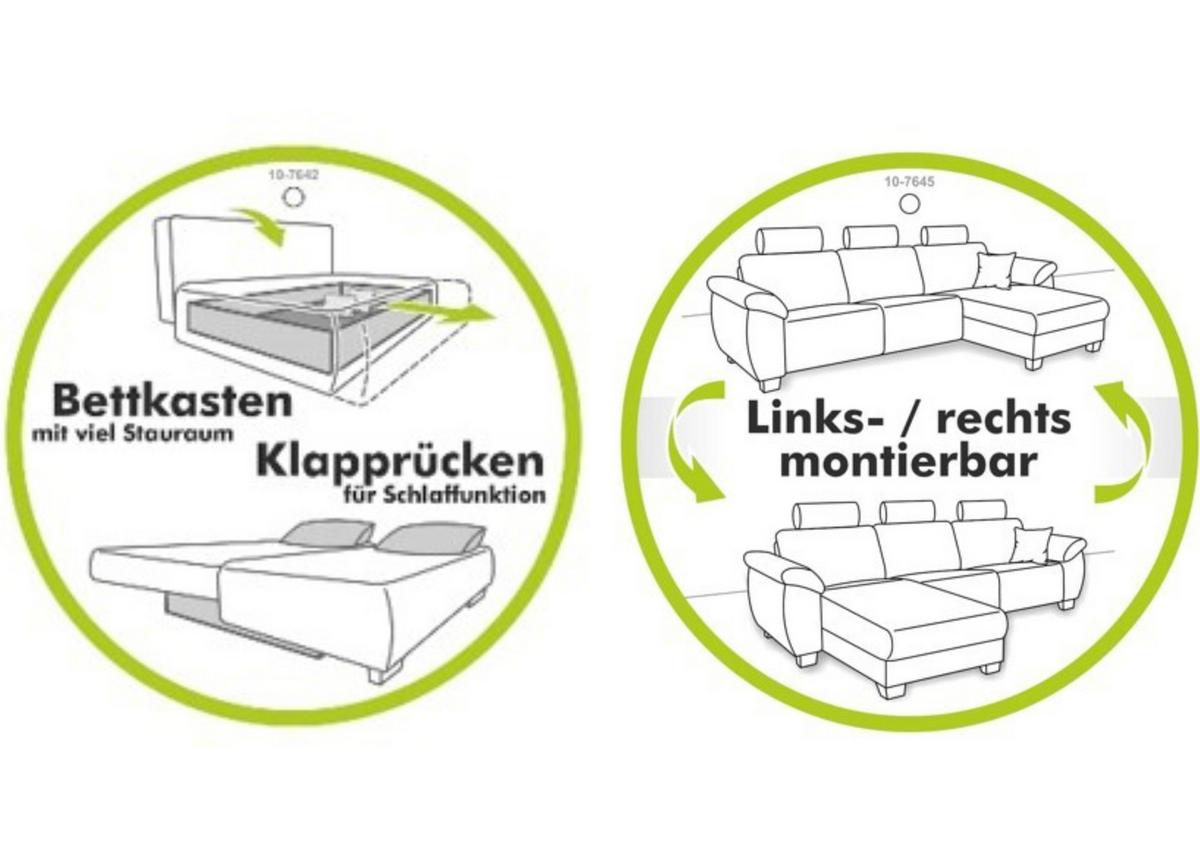 ECKSOFA mit Schlaffunktion und Bettkasten, seitenverkehrt montierbar B272/T200/H88 cm, Liegefläche 128x224 cm, Mikrofaser Dunkelgrau / 15228 - Chromfarben/Dunkelgrau, Kunststoff/Textil (272/200cm) - luma-home