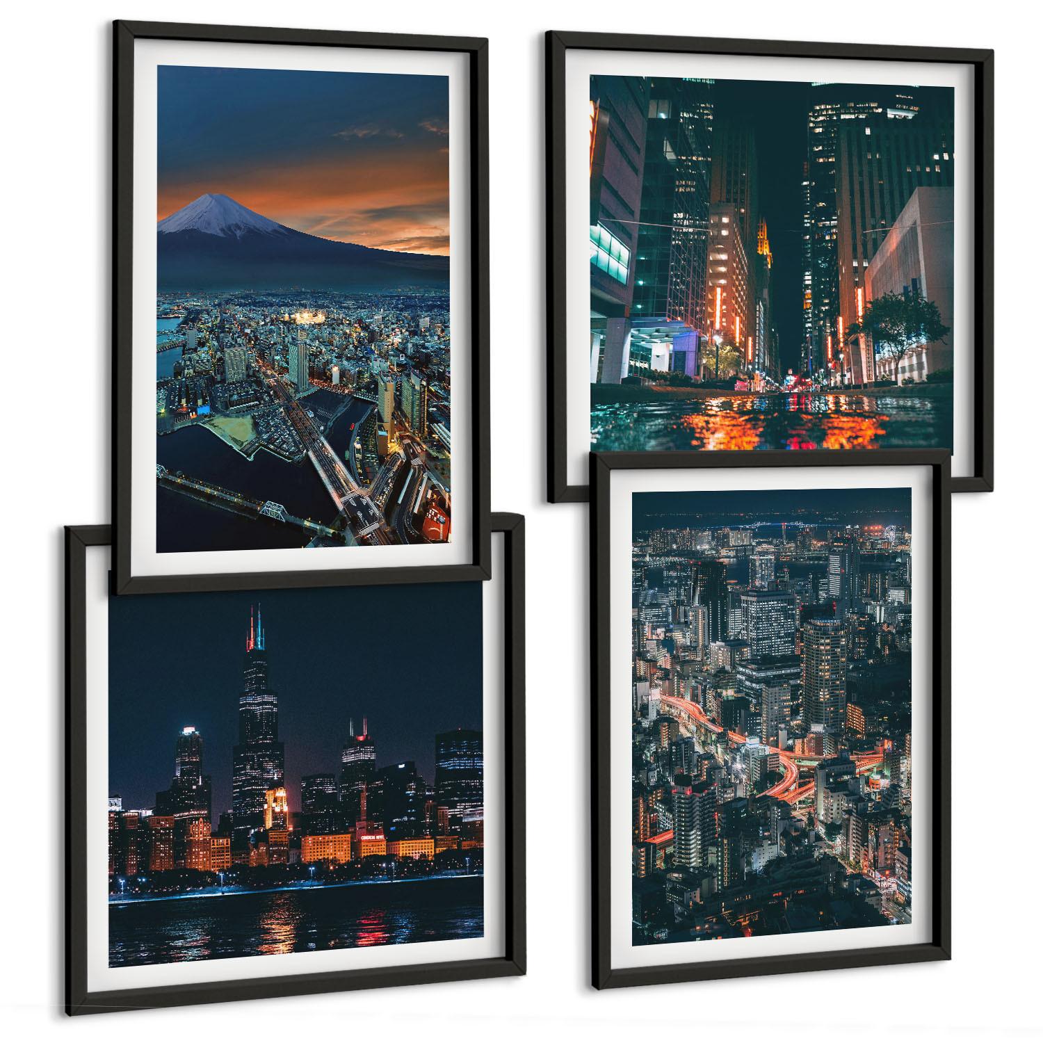 BILDER SET 4er Set - 50x50 cm & 40x60 cm Schwarzer Rahmen - Bergpanorama der Stadt bei Nacht - Schwarz, Kunststoff (50/50cm) - TULUP