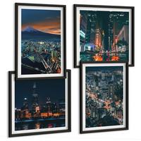 BILDER SET 4er Set - 50x50 cm & 40x60 cm Schwarzer Rahmen - Bergpanorama der Stadt bei Nacht - Schwarz, Kunststoff (50/50cm) - TULUP