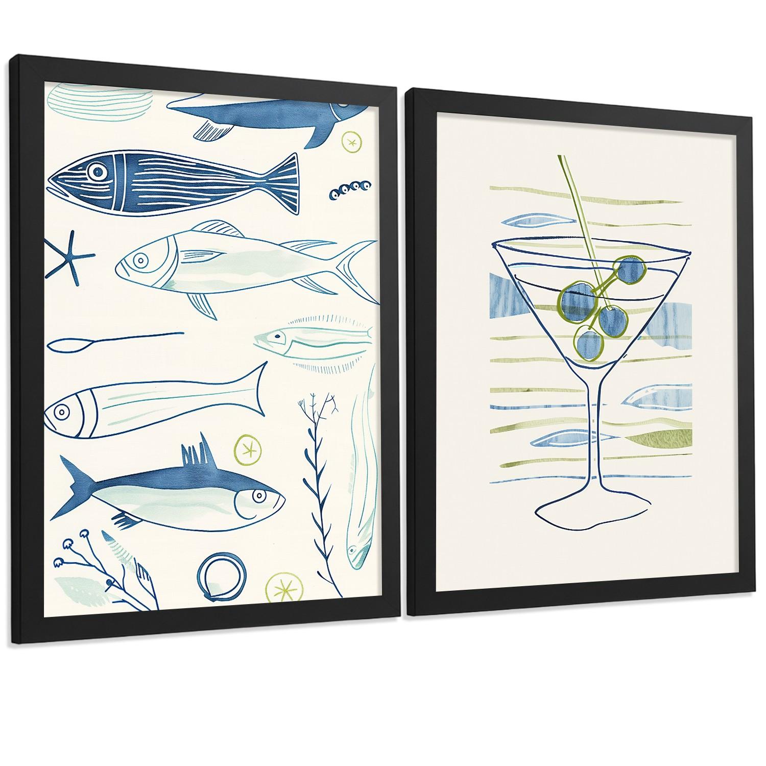 POSTER 2er Set Küchen-Wandbilder Fische Strichzeichnung und Martini Aquarell Minimalistisch Wanddeko Rahmenlos A3 - Schwarz, Papier (29.7/1/42cm) - Nacnic