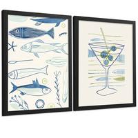 POSTER 2er Set Küchen-Wandbilder Fische Strichzeichnung und Martini Aquarell Minimalistisch Wanddeko Rahmenlos A3 - Schwarz, Papier (29.7/1/42cm) - Nacnic