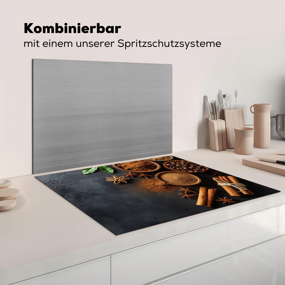 HERDABDECKPLATTE Zimt - Beton - Kaffee - Zimtstangen - Gewürze Induktionsmatte 77x59 cm - Mokka, Kunststoff (77/59/0.2cm) - MuchoWow