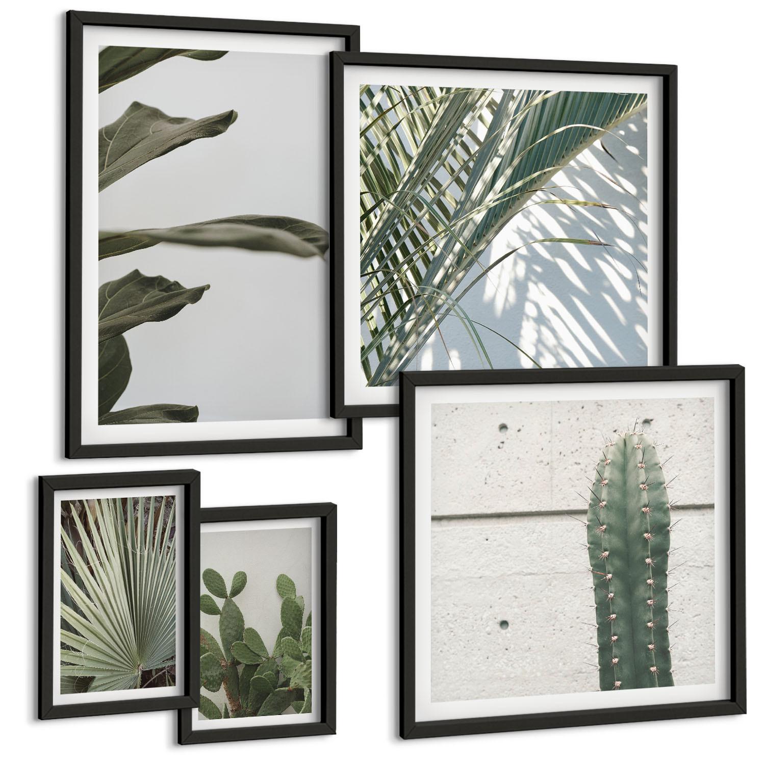 BILDER SET 5er Set - 50x50 cm & 20x30 cm & 40x60 cm Schwarzer Rahmen - Blätter tropischer Pflanzen in Pastellfarben - Schwarz, Kunststoff (40/60cm) - TULUP