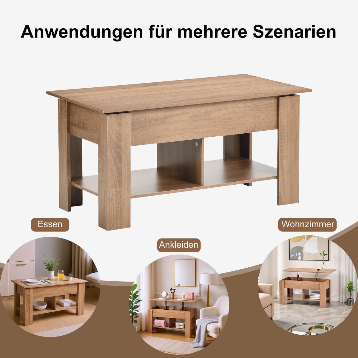 COUCHTISCH mit Lift-Top, Stauraum und Ablagefach, Eiche Optik - Goldfarben/Weiß, Holz (96/50/47cm) - Urban Meuble