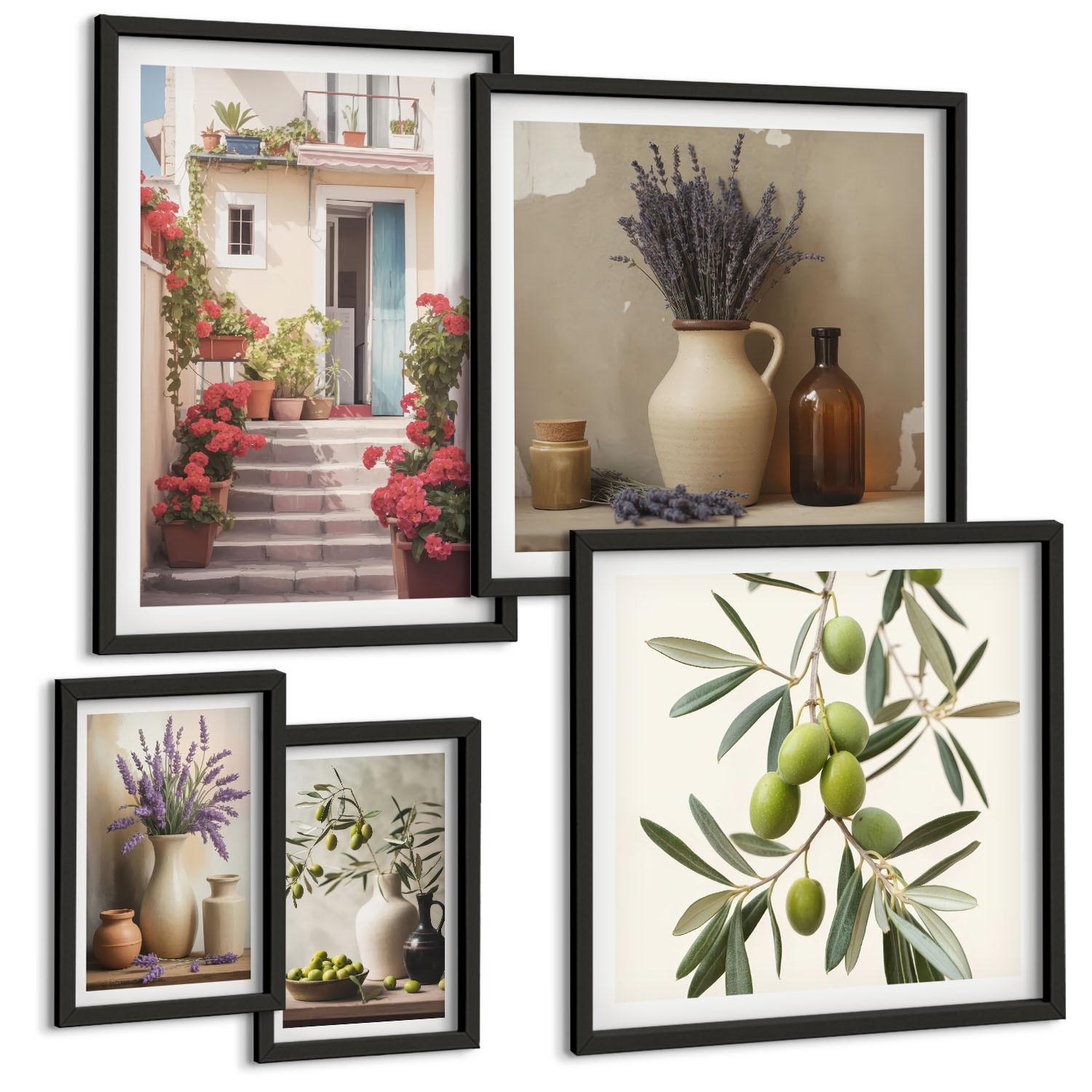 BILDER SET 5er Set - 50x50 cm & 20x30 cm & 40x60 cm Schwarzer Rahmen - Oliven in Keramikgrau - Schwarz, Kunststoff (40/60cm) - TULUP