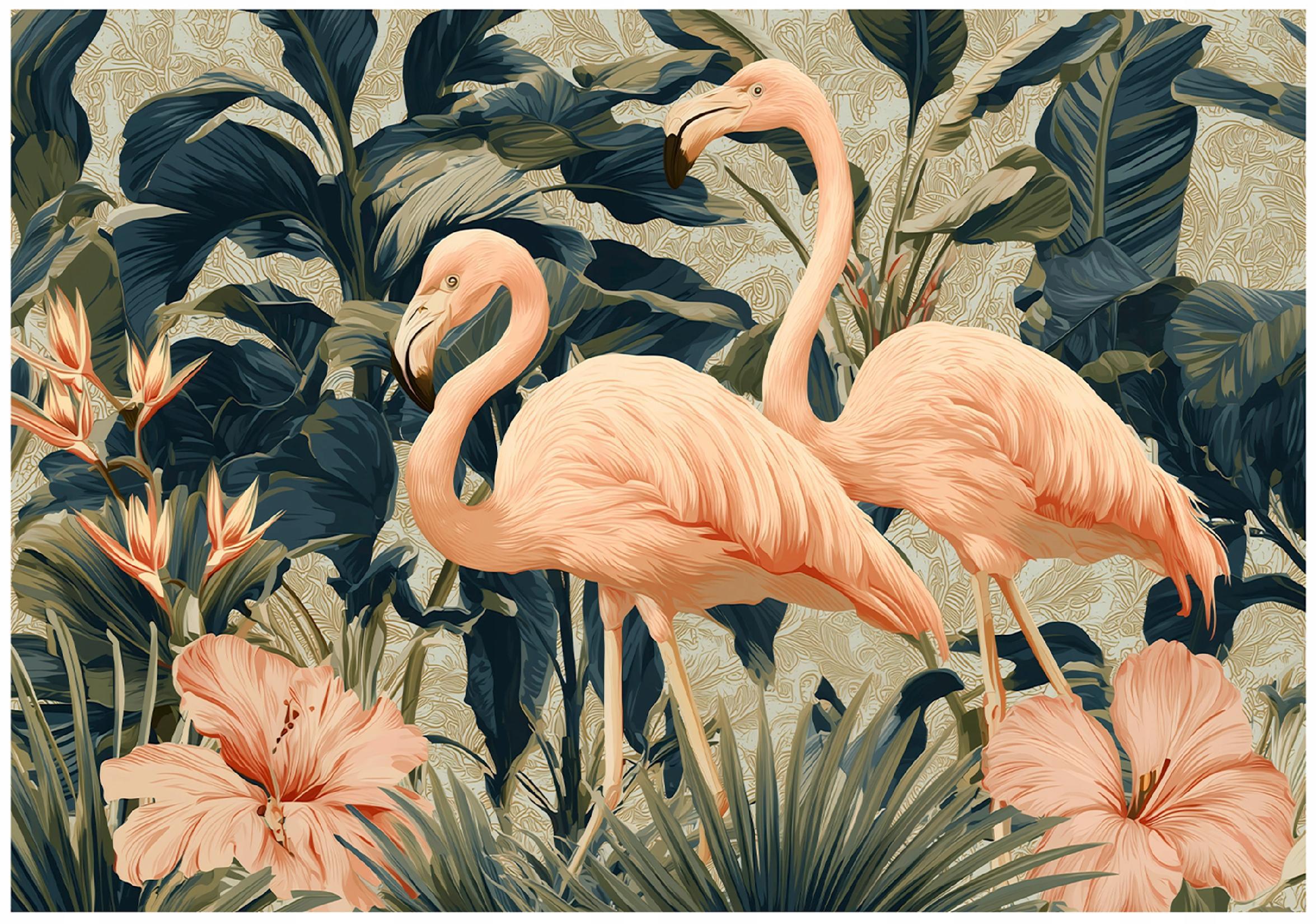 FOTOTAPETE Flamingo Blätter Grün 300x210 cm - Multicolor, Papier (300/210cm) - Wallarena