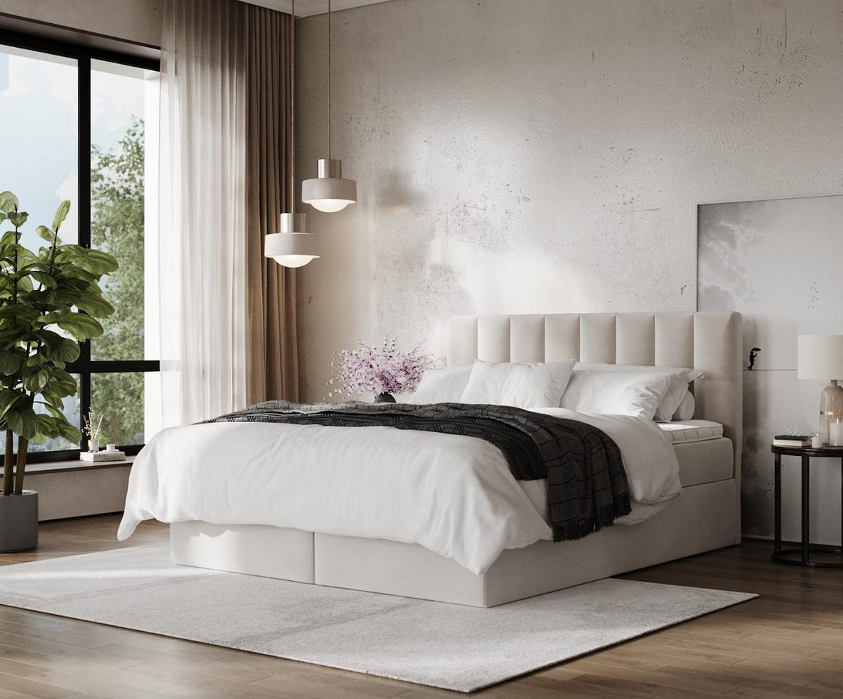 BOXBETT Lusso 180/200 cm Hellbeige im Paros Stoff - Beige/Schwarz, Holz/Holzwerkstoff (180/200cm) - AltaBeds