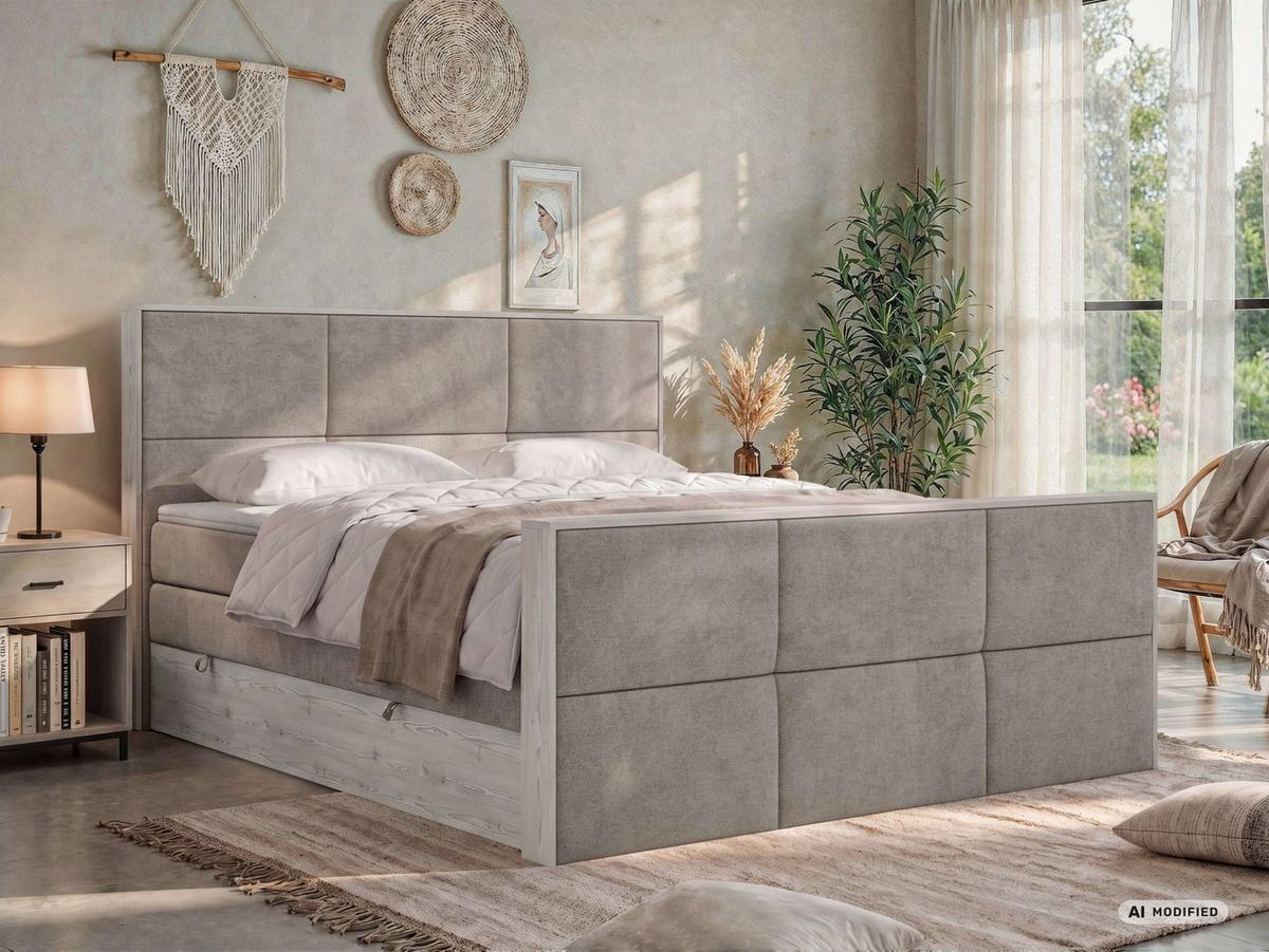 BOXSPRINGBETT DELNOR KING DUO 140/200 - Greige Stukture - Topper Visco - H4 - Greige/Schwarz, Kunststoff/Textil (140/200cm) - MKS