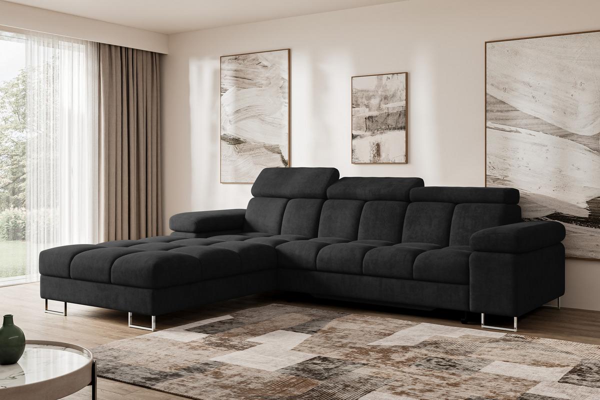 ECKSOFA mit Schlaffunktion Ottomane Links 271x203x79 Schwarz Velours - Schwarz, Holzwerkstoff/Textil (271/203cm) - ALTDECOR