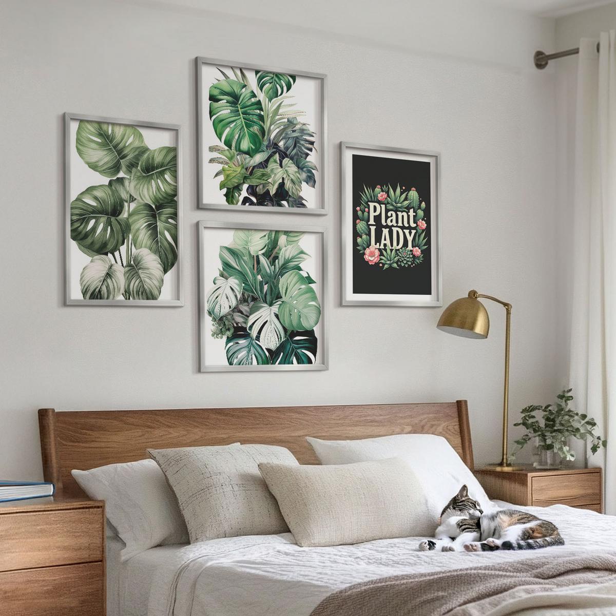 BILDER SET 4er Set - 50x50 cm & 40x60 cm Silberner Rahmen - Tropische Pflanzen, Pflanzenliebhaberin - Silberfarben, Kunststoff (50/50cm) - TULUP