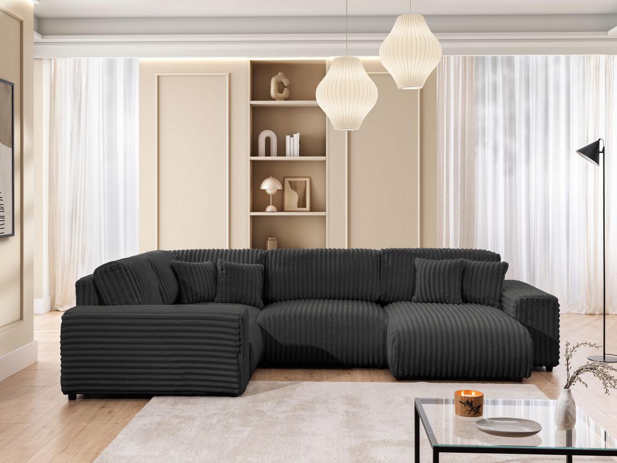 WOHNLANDSCHAFT Mollis Dunkelgrau Plüschcord im XXL-Format - Ottomane Rechts - Dunkelgrau/Schwarz, Holz/Kunststoff (316/77/194cm) - S-Style Möbel