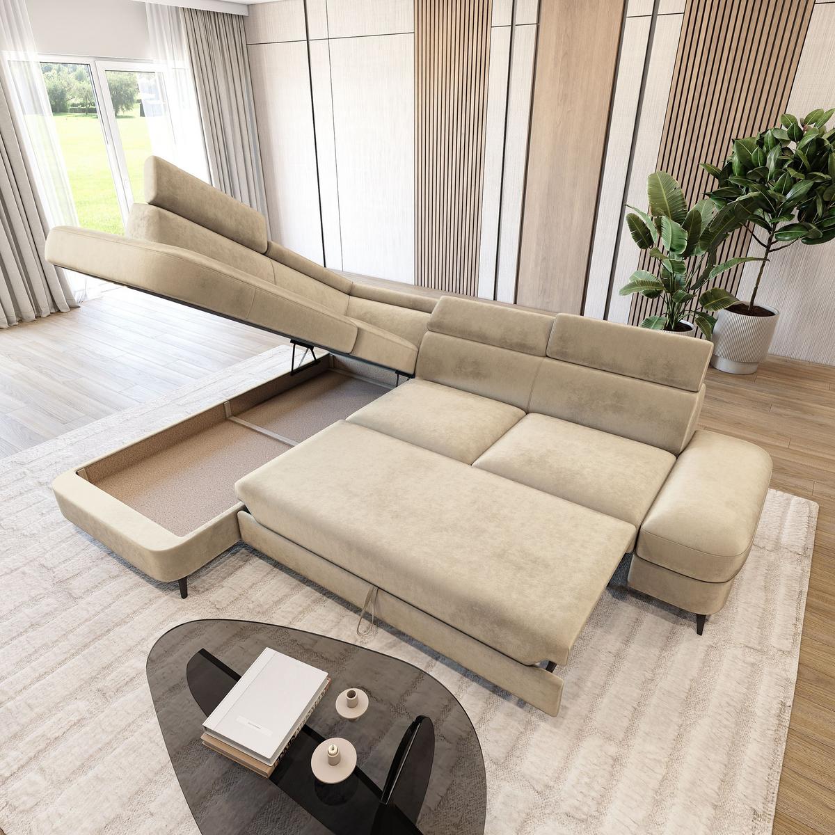 ECKSOFA AVISE M L-S Creme Velours-Stoff mit Schlaffunktion - Creme, Holzwerkstoff/Textil (268/195cm) - MASSENO