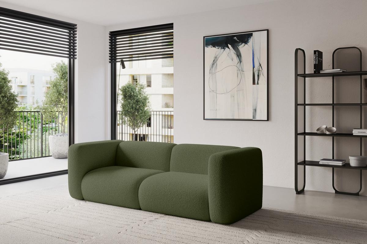 MODULARES Sofa 2-SITZER MIRA-S1 228x89x70 Grün cm Bouclé - Schwarz/Olivgrün, Holzwerkstoff/Kunststoff (228/70/89cm) - ALTDECOR