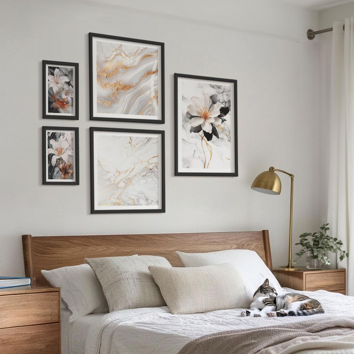BILDER SET 5er Set - 50x50 cm & 20x30 cm & 40x60 cm Schwarzer Rahmen - Bilder mit blau-goldenen Mustern - Schwarz, Kunststoff (40/60cm) - TULUP