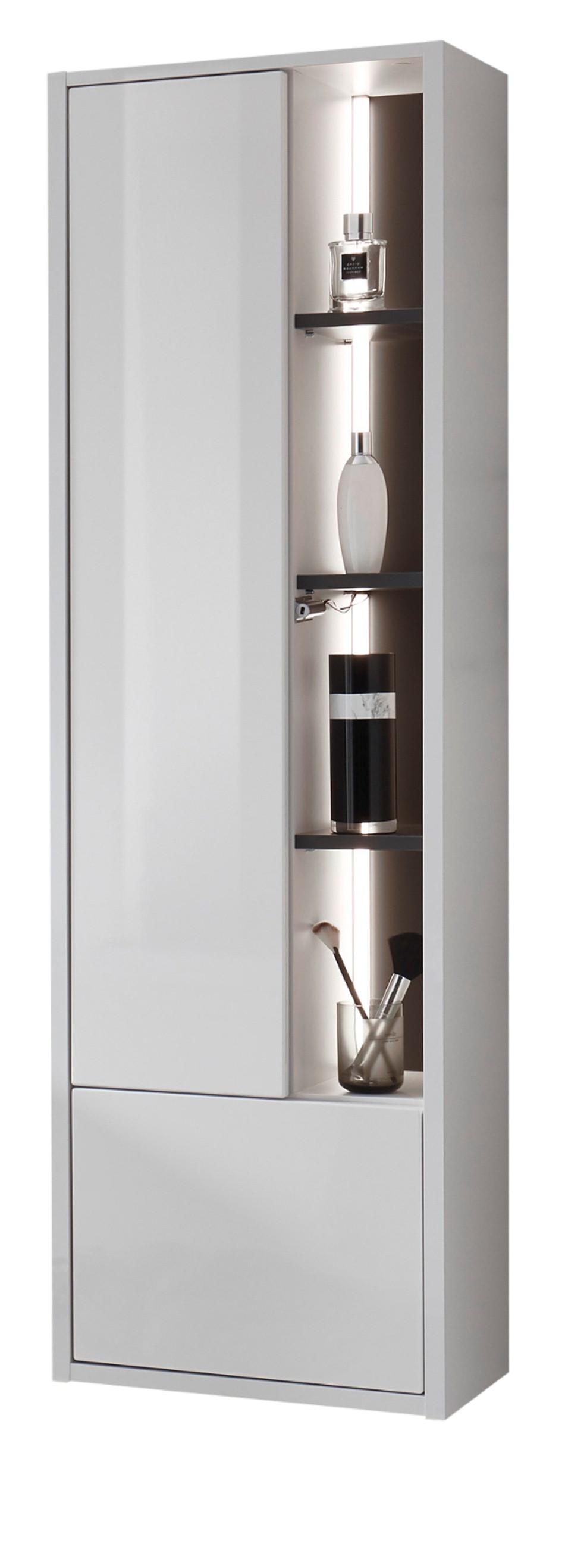 BADSCHRANK weiß Hochglanz, grau, Badezimmer Hochschrank inklusive Beleuchtung - Weiß Hochglanz/Grau, Holzwerkstoff (45/150/30cm) - Furn.Design
