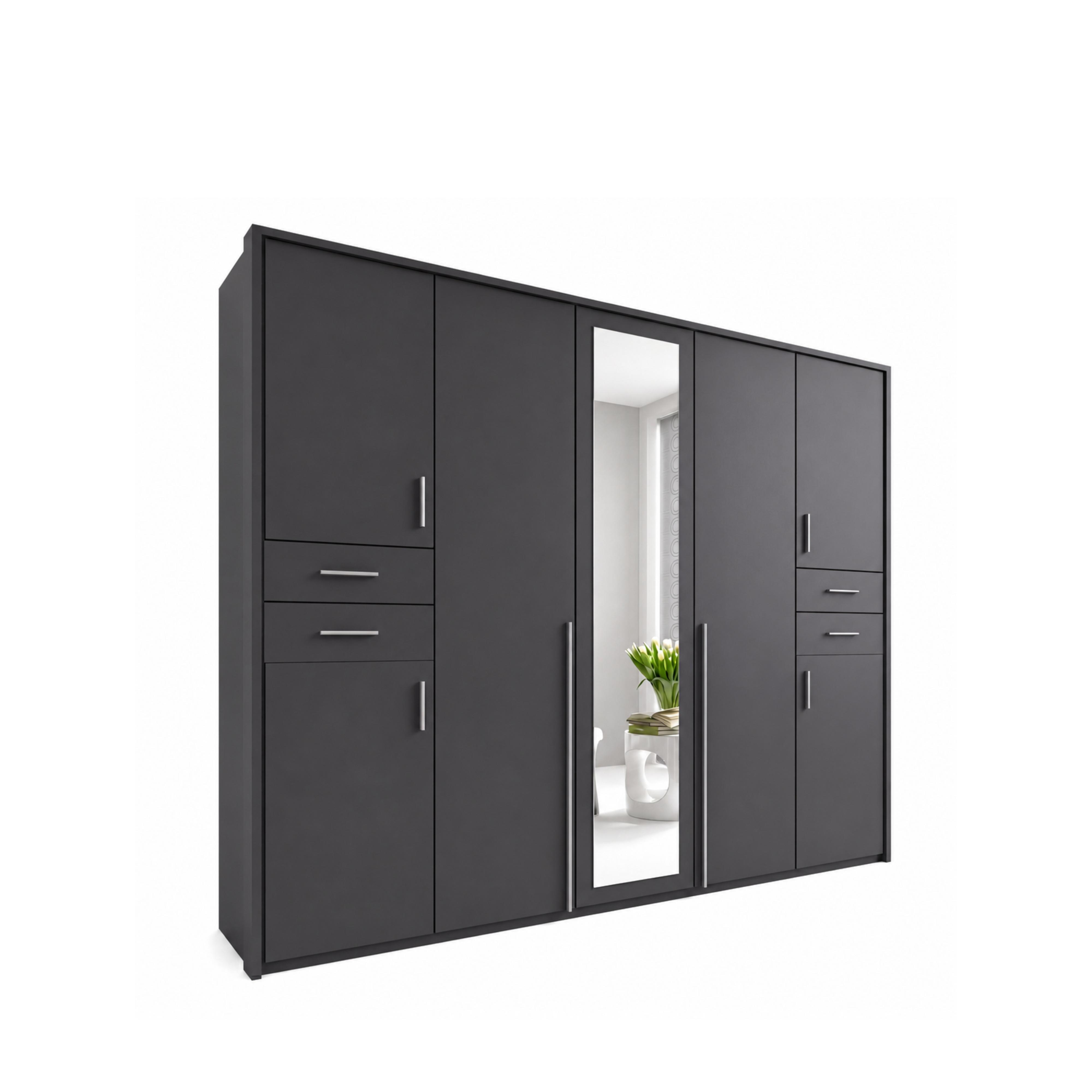 DREHTÜRENSCHRANK B228/H210/T58 cm in Grafit, Kleiderschrank mit Passepartout & 1 Spiegeltür & Schubkästen / 22571 - Silberfarben/Graphitfarben, Holzwerkstoff/Kunststoff (228/210/58cm) - luma-home