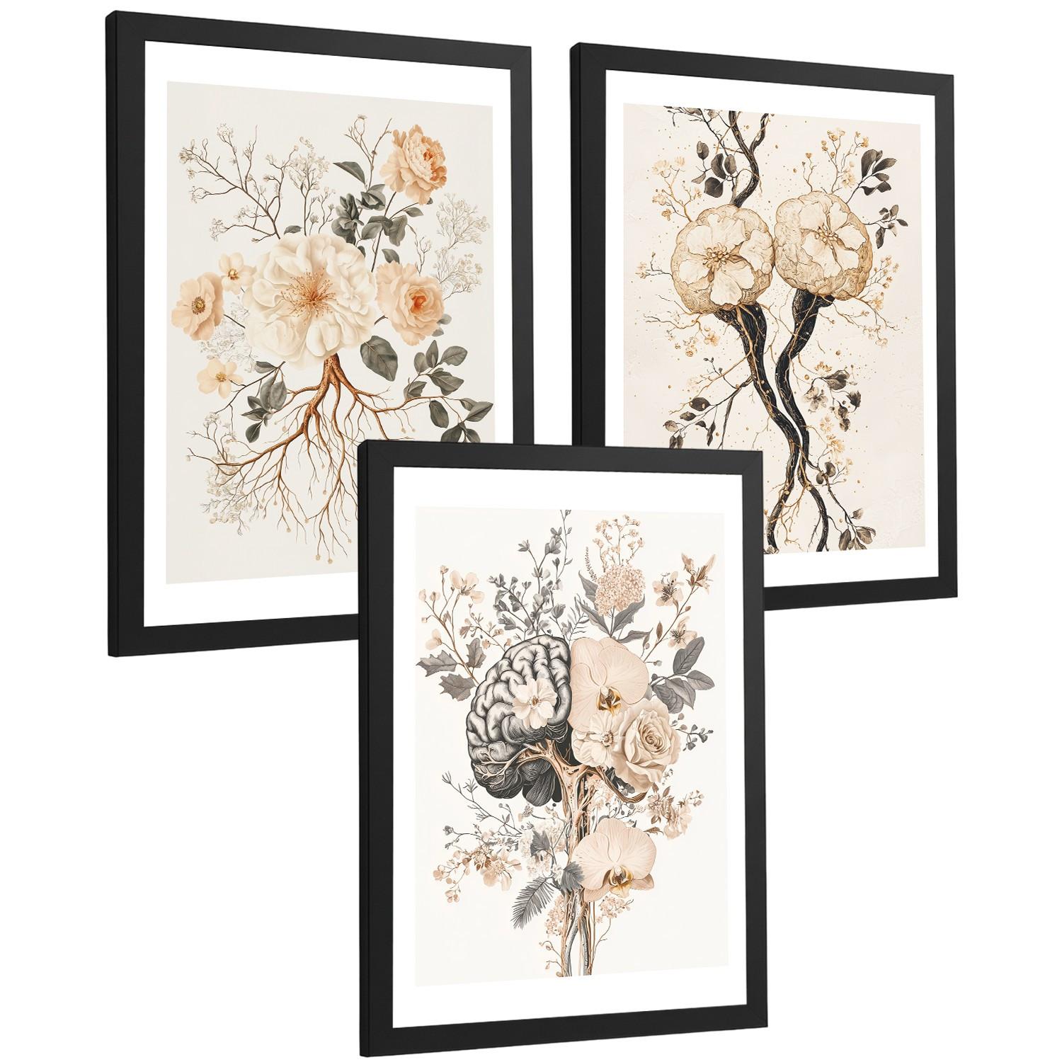 POSTER Set aus 3 Neuronale Anatomie Drucke und Wandbilder mit Neuronen Synapsen und Gehirn Minimalistischer Floraler Stil Größe Schwarzer Rahmen A4 - Schwarz, Papier (21/29.7/3cm) - Nacnic