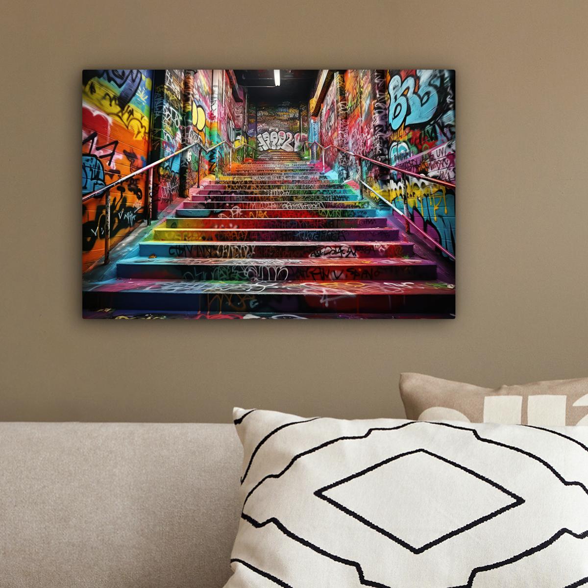 LEINWANDBILD Treppe - Graffiti - Farben - Kunst Deko Schlafzimmer 30x20 cm - Multicolor, Textil (30/20cm) - MuchoWow