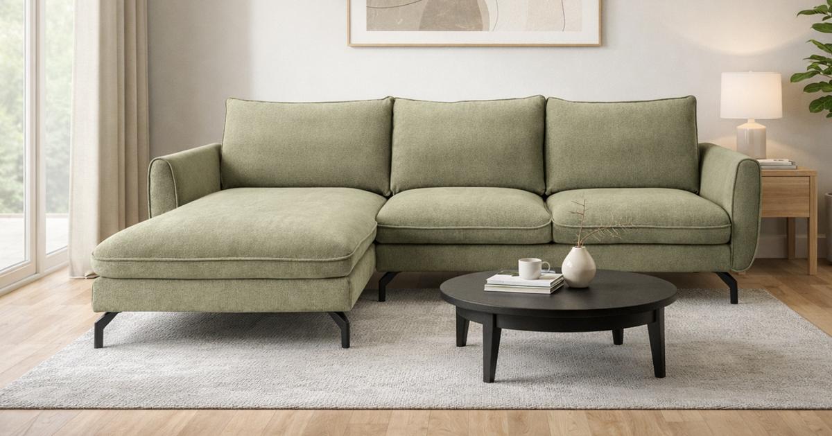 SOFA grün Webstoff 259 x 167 cm, Ecksofa 5-Sitzer, L-Sofa Ottomane links - Schwarz/Grün, Holz/Textil (259/167cm) - Inn.Furn