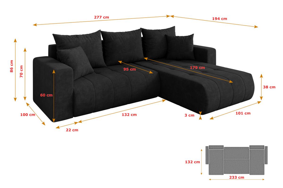 ECKSOFA mit Schlaffunktion Ottomane Rechts MILA-L 277x194x86 Schwarz Velours - Schwarz, Holzwerkstoff/Kunststoff (277/194cm) - ALTDECOR